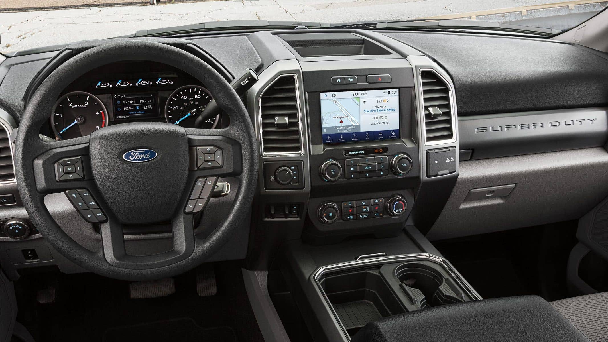 Ford F-250 Super Duty pickup truck's interior with the steering wheel shown.