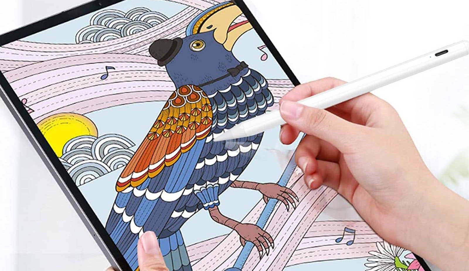A person using the Jamjake Stylus Pen drawing a bird on an iPad