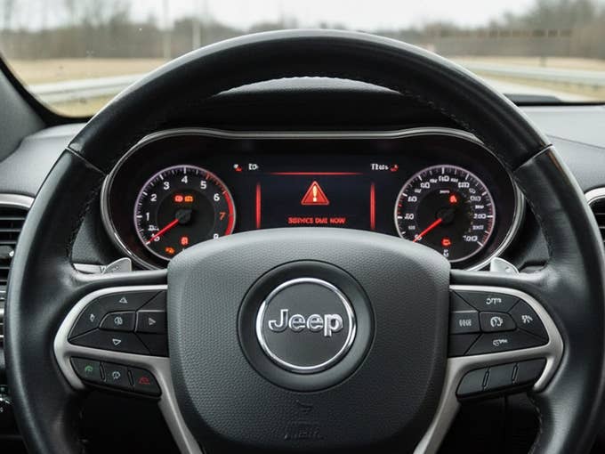 Interior view of a Jeep steering wheel and dashboard with warning lights.