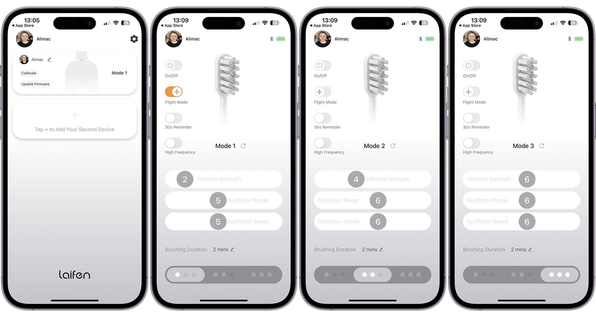 A screenshot of the Laifen Wave Electric Toothbrush App User Interface