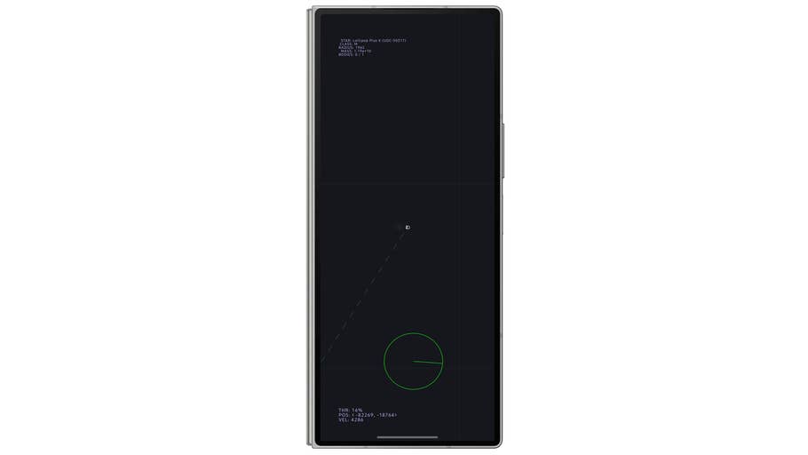 An Android smartphone displaying a dark interface with geometric shapes and text information.