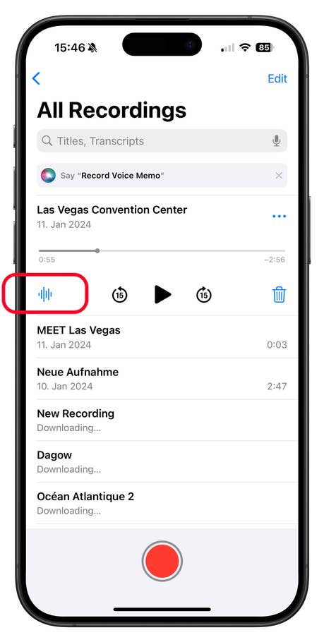 iPhone screen displaying voice recordings list with audio wave symbol.