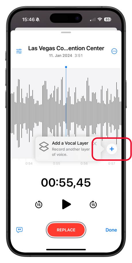 Recording interface on a phone showing audio waveform and option to add a vocal layer.