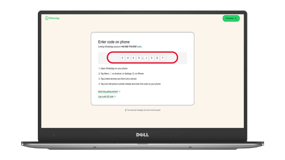 WhatsApp linking screen with code input: 6H68J9DY. Instructions are provided for linking devices.
