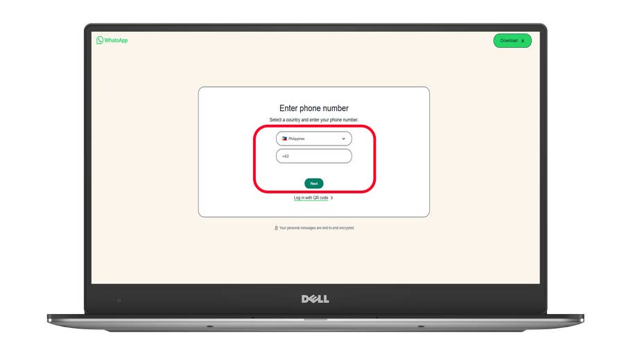 WhatsApp login screen showing input for phone number and country selection for Philippines.