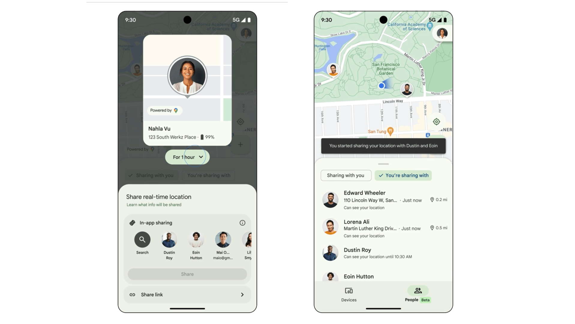 Mobile app interface showing location sharing with users and a map view. Mobile app interface showing location sharing with users and a map view.