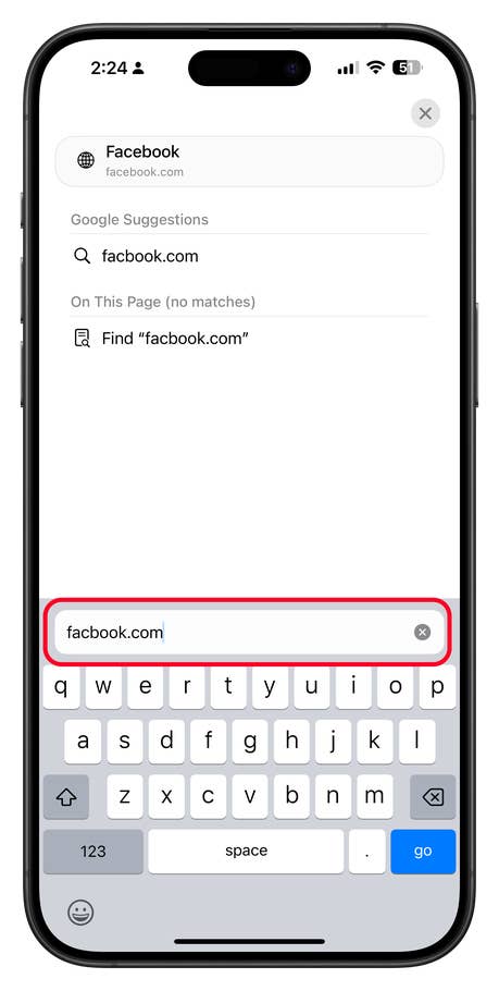 A smartphone screen displaying a Facebook search bar with the URL facebook.com and a keyboard below.