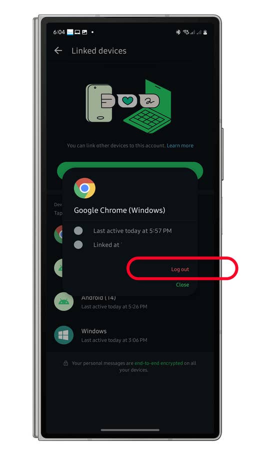 WhatsApp linked devices screen showing Google Chrome and options to log out.