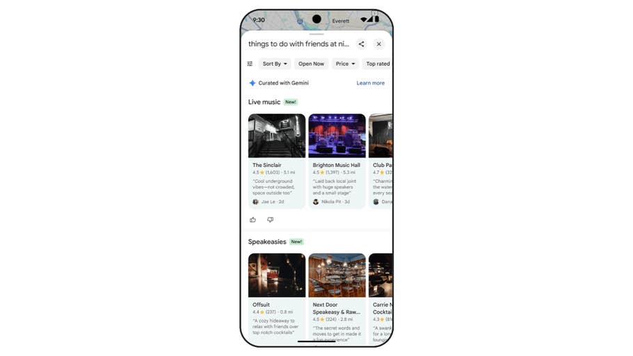 Screenshot of a mobile app showing curated events by Gemini, including live music and speakeasies.