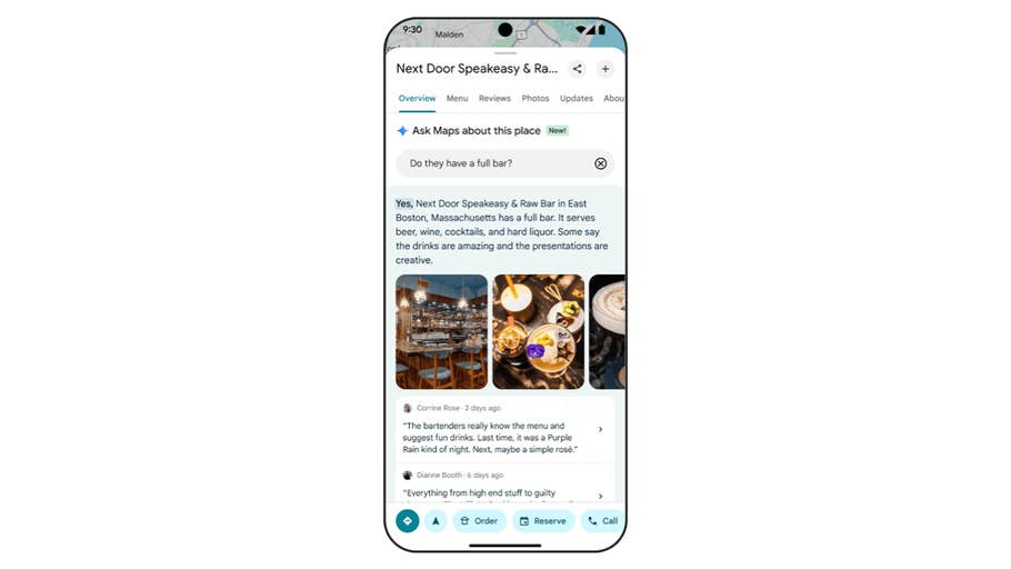 Mobile phone displaying Next Door Speakeasy u0026 Raw Bar information and reviews.