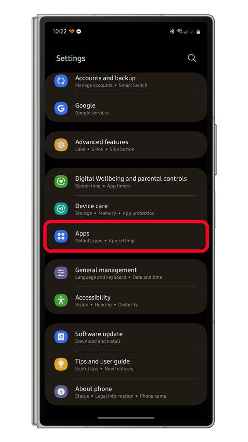 Settings menu on a smartphone showing various options including Apps highlighted.