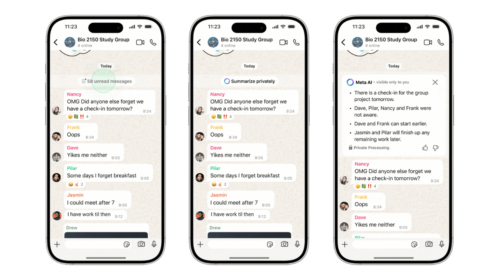 WhatsApp chat showing messages from a study group titled 'Bio 2150 Study Group' with multiple participants discussing check-ins.