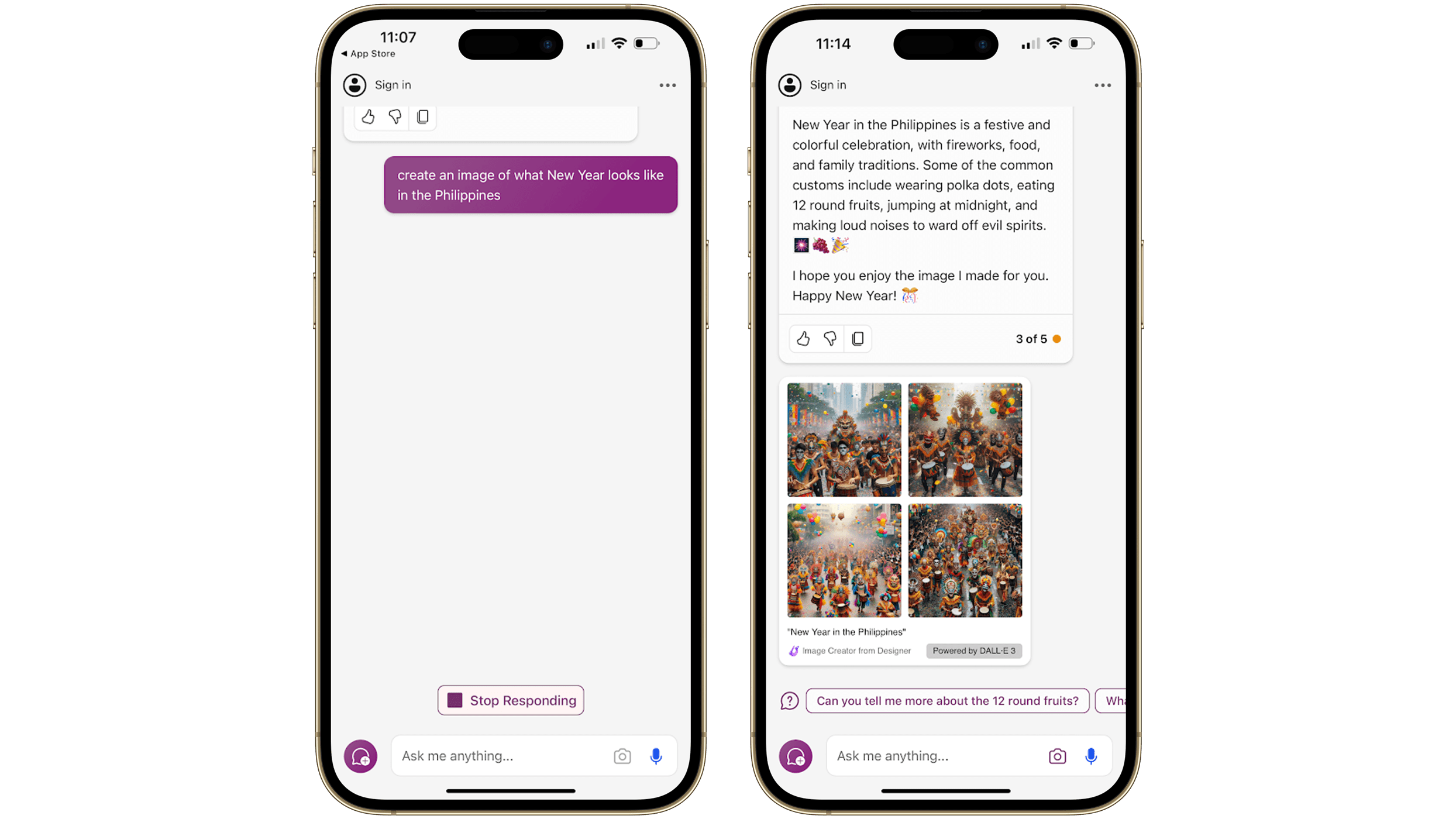 Microsoft Copilot sample prompt on the iPhone 15