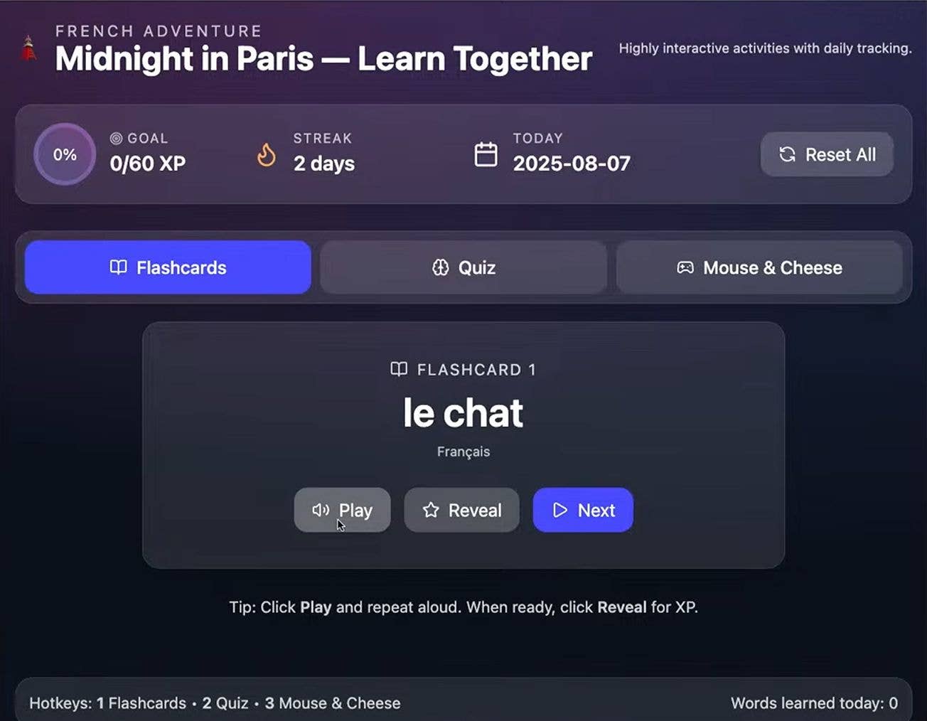 Interactive language learning interface for French, featuring flashcards and a quiz.