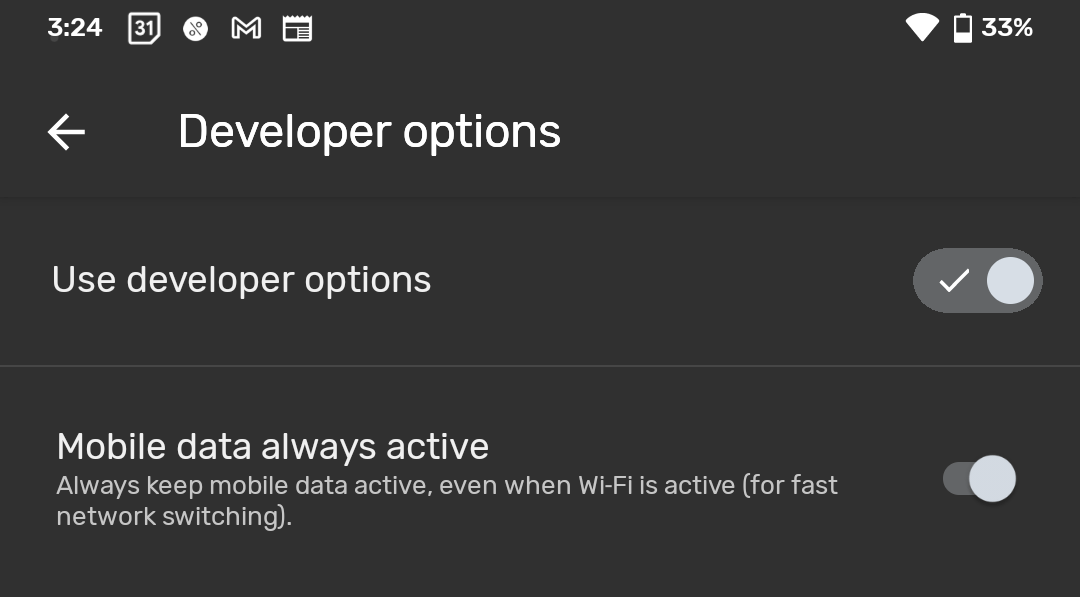 Developer options - Mobile Data always active