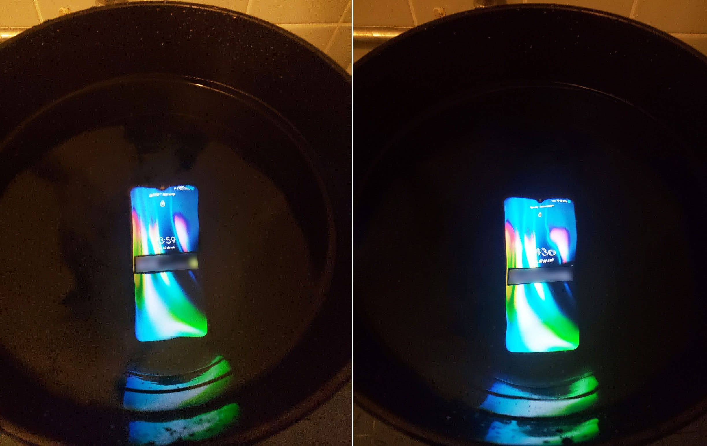 A Motorola Defy phone submerged in water, displaying the time 8:59 on the screen.