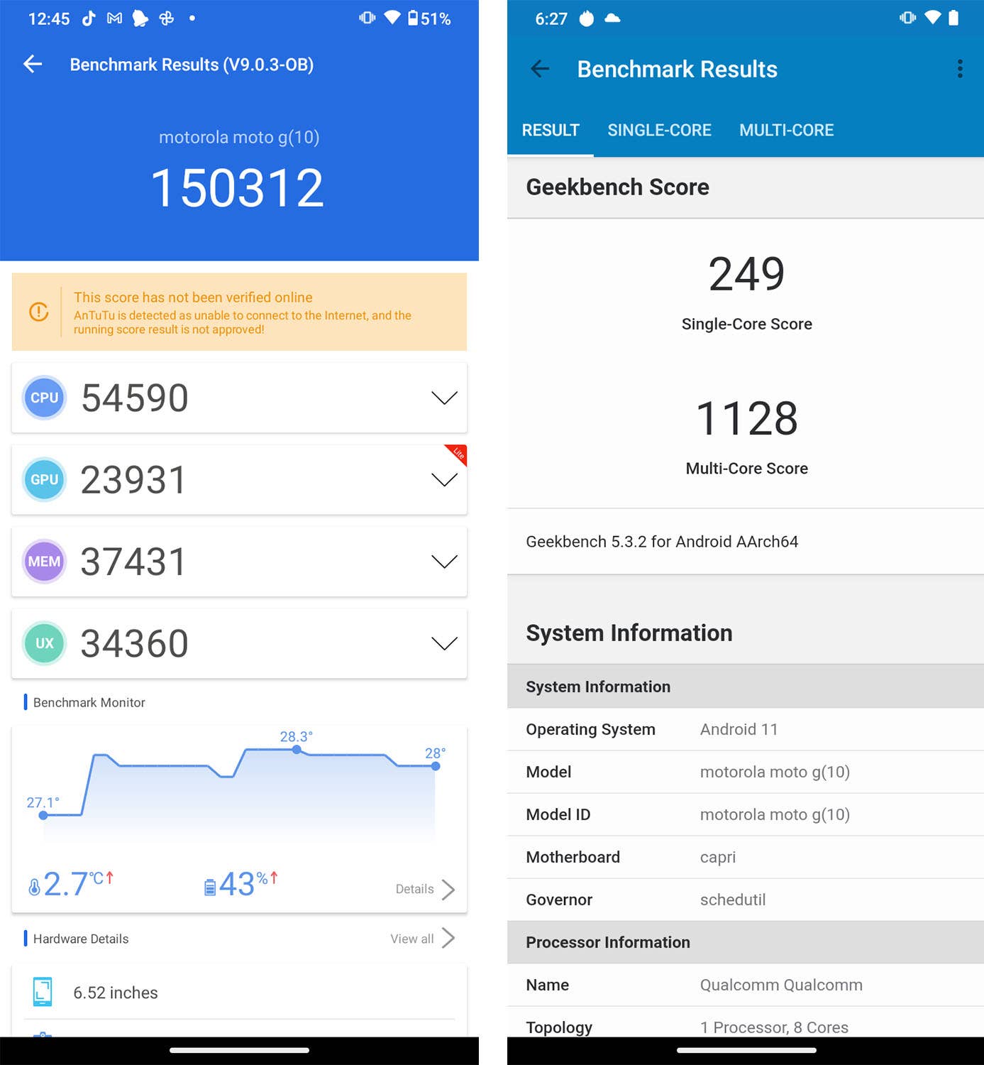 Motorola Moto G10 AnTuTu Geekbench benchmark