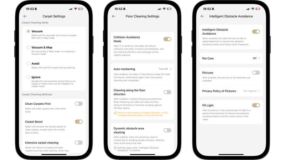 Three smartphone screens displaying cleaning settings for a robot vacuum.