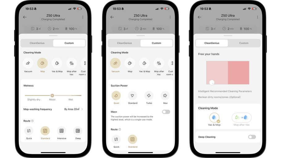 Three smartphone screens displaying the Mova Z50 Ultra app interface with cleaning options.