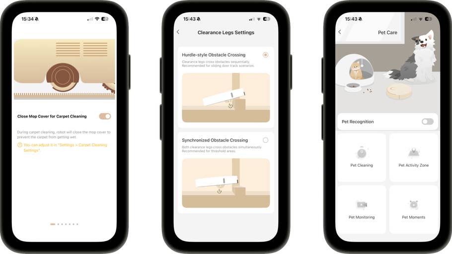 Three smartphone screens show cleaning settings and pet care options.