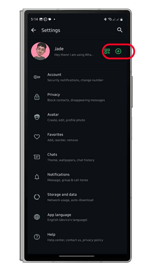 WhatsApp settings screen showing user Jade and options for account, privacy, chats, and notifications.