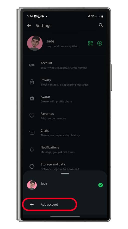 WhatsApp settings screen displaying user profile and options.