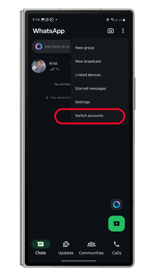 WhatsApp interface showing options including u0027Switch accountsu0027 in a menu.