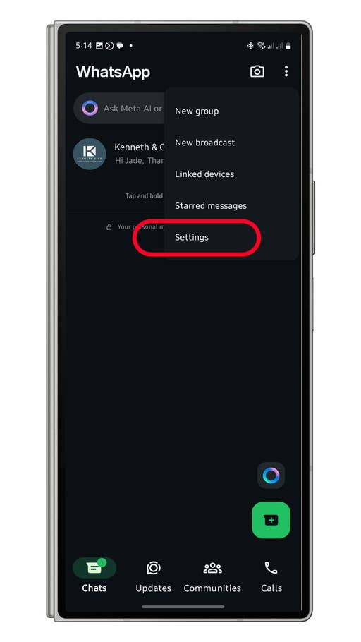 WhatsApp interface showing chat options including u0027Settingsu0027.