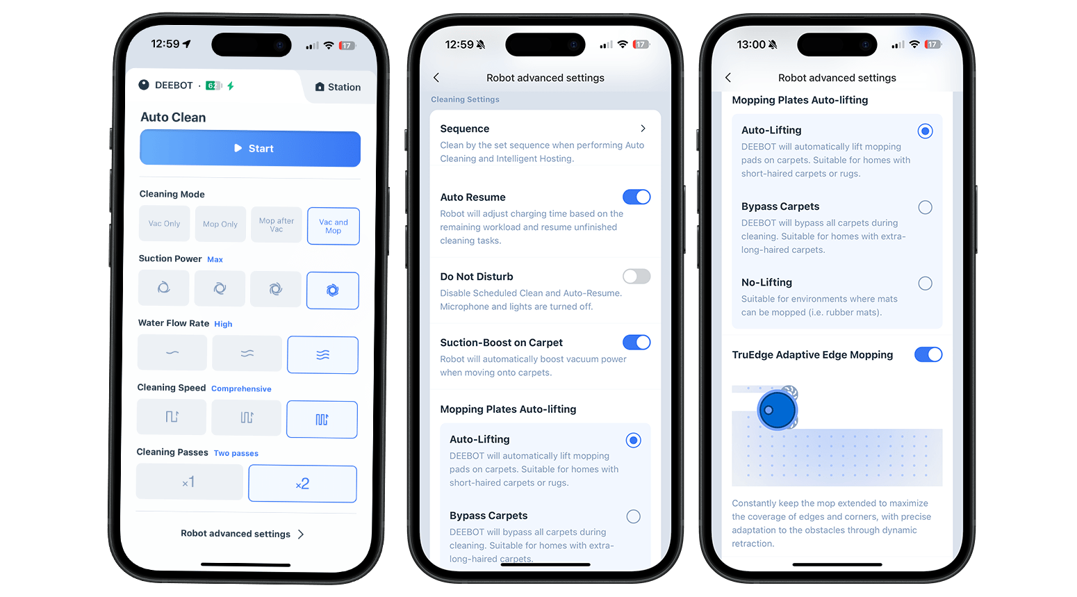 Screenshots of the Ecovacs Deebot N30 Pro Omni app showing cleaning settings and options. Screenshots of the Ecovacs Deebot N30 Pro Omni app showing cleaning settings and options.
