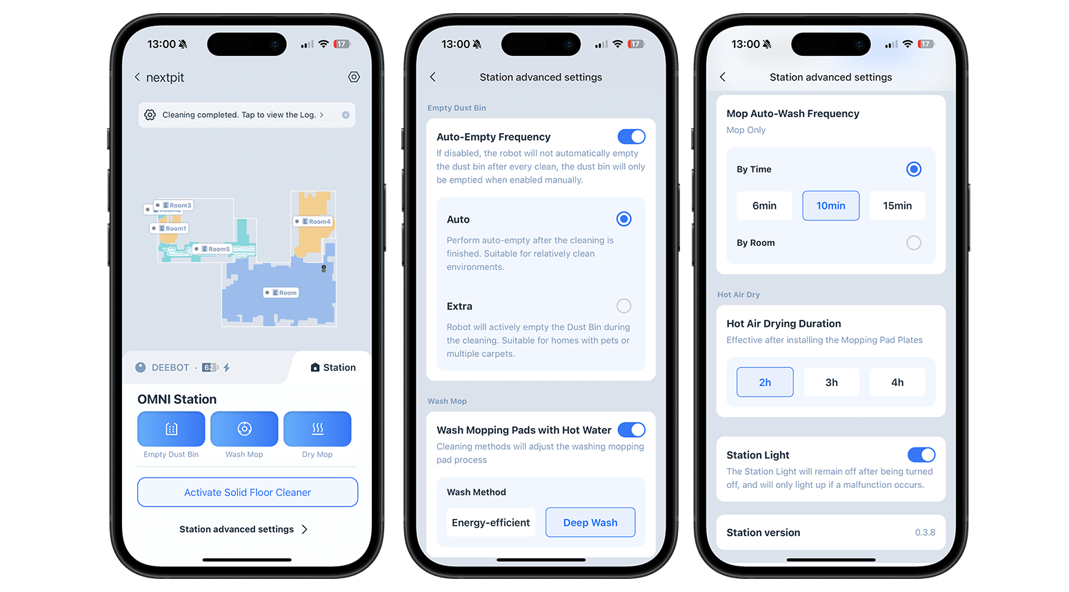 Three smartphones display the Ecovacs Deebot N30 Pro Omni settings for cleaning and mopping functionalities. Three smartphones display the Ecovacs Deebot N30 Pro Omni settings for cleaning and mopping functionalities.