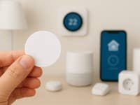 A person holding a white NFC sticker in front of smart home devices and a phone displaying a home screen.
