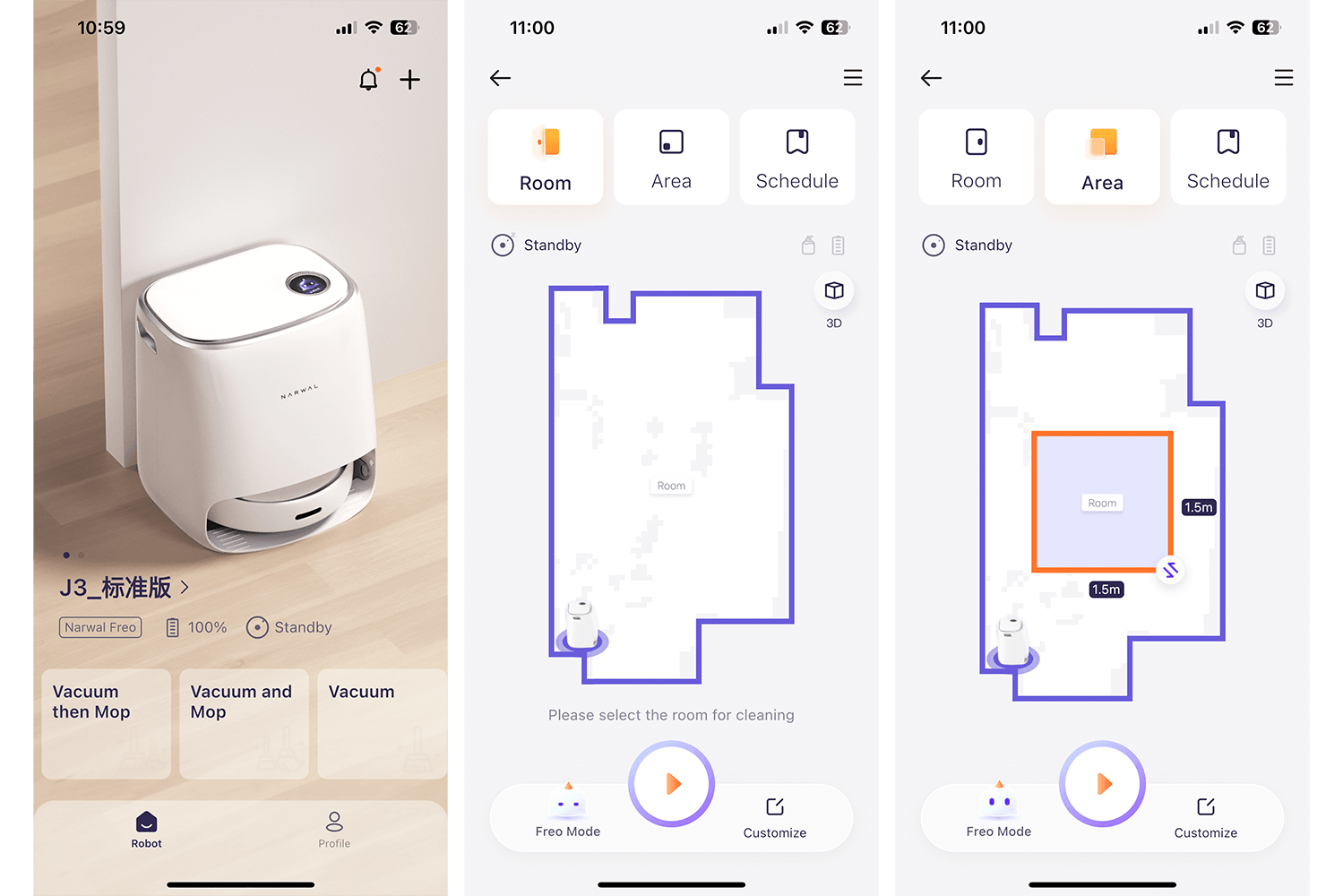 Narwal Freo app displaying a mapped environment