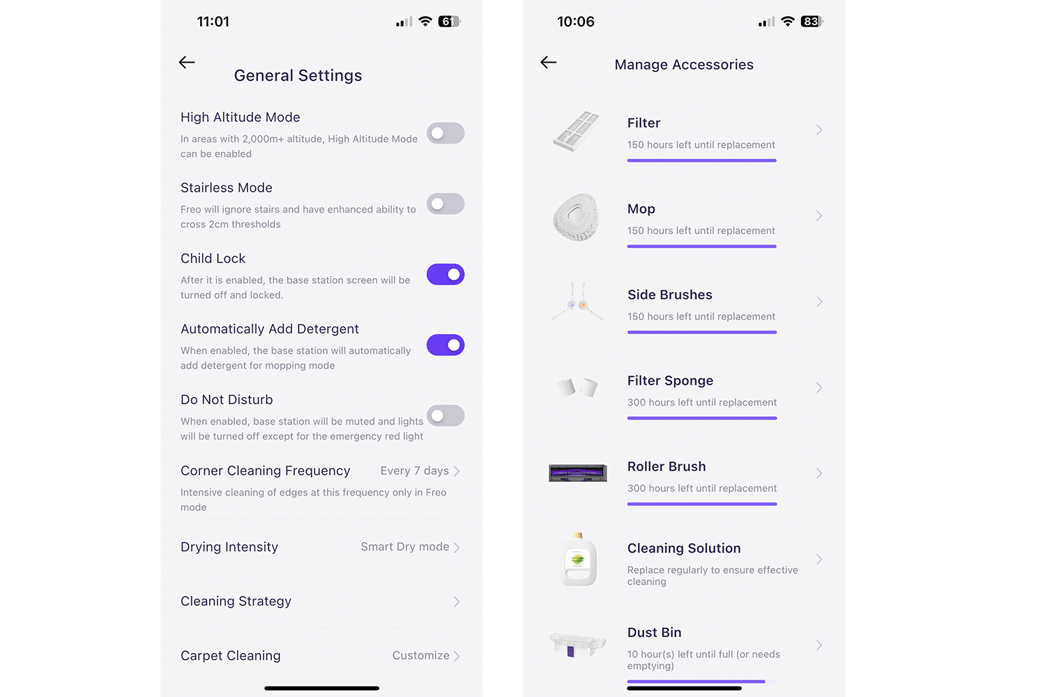 Narwal application screenshots showing available options for the vacuum cleaner