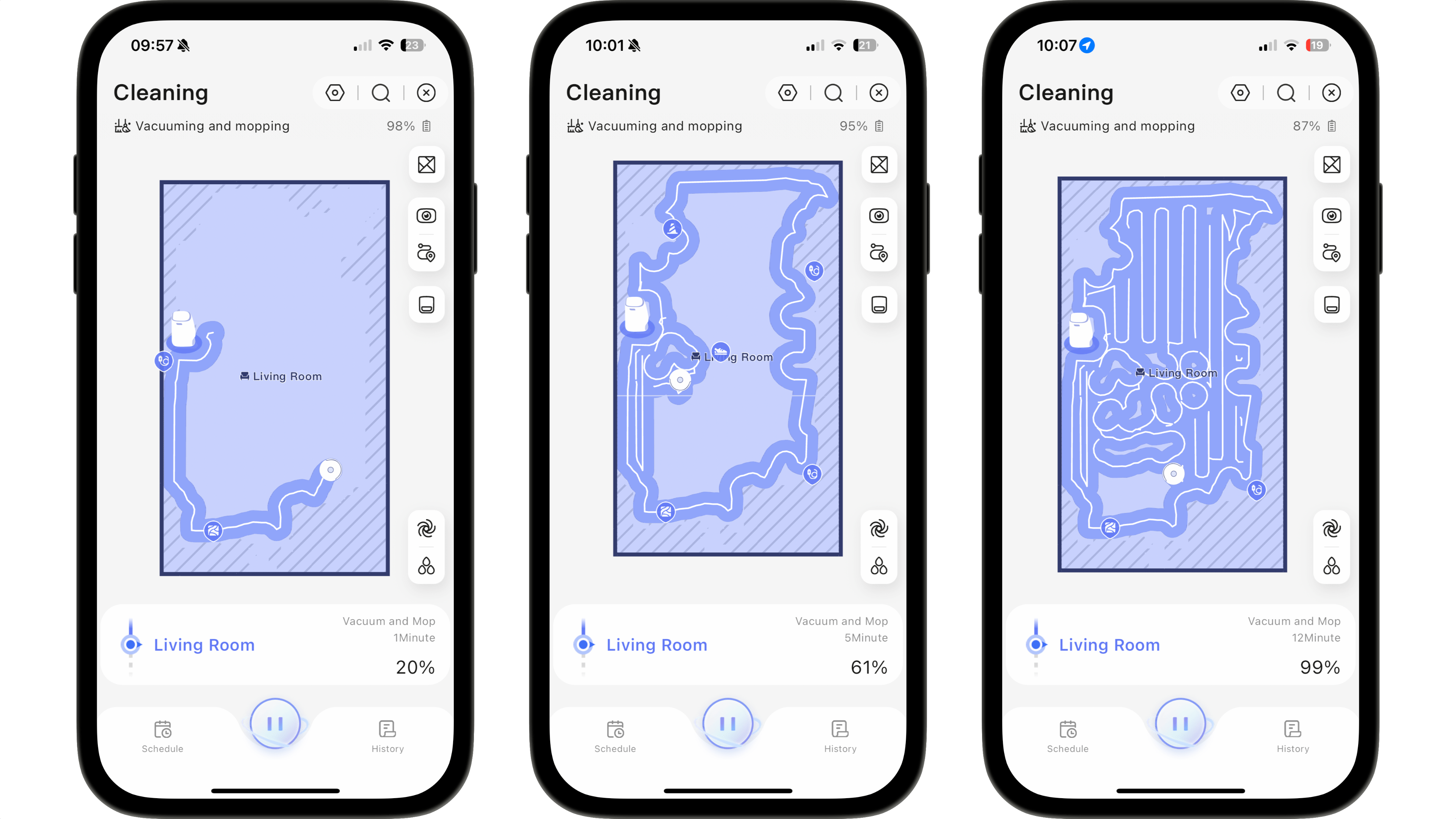 Three smartphone screens displaying cleaning maps with vacuuming and mopping status in a living room.