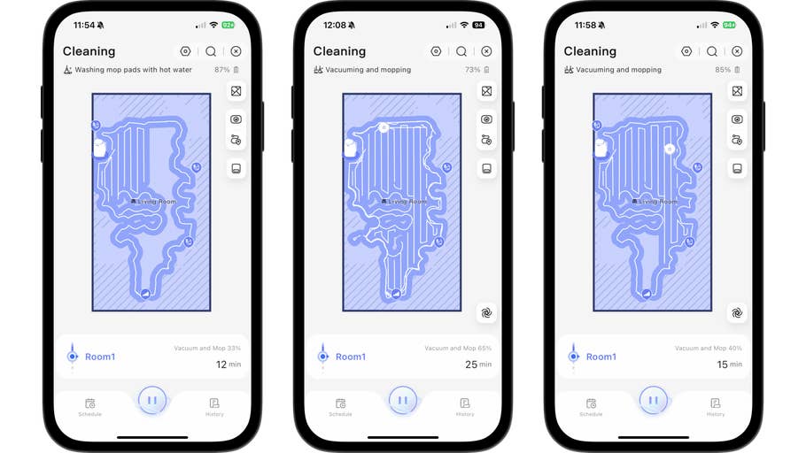 Three smartphone screens displaying progress maps for a robot vacuum cleaner.