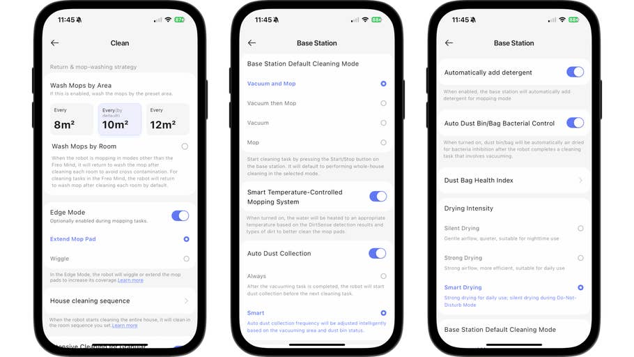Three smartphone screens displaying the cleaning settings and options for vacuumming and mopping.