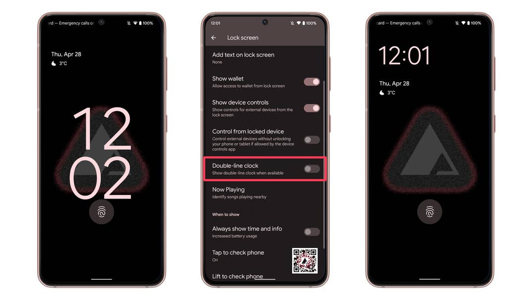 Android 13 single-line clock lock screen
