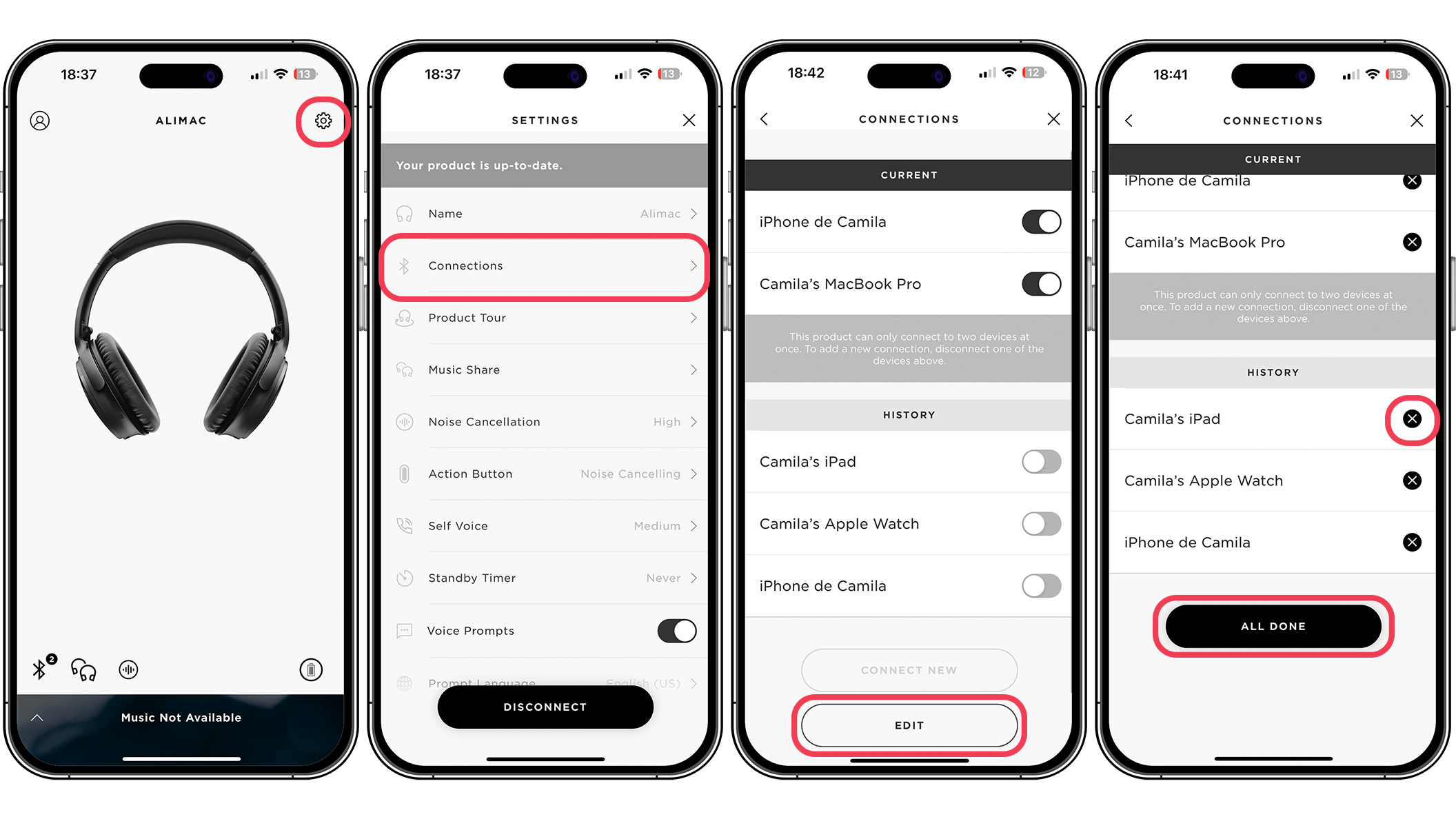 Screenshots showing how to remove devices paired with Bose's app