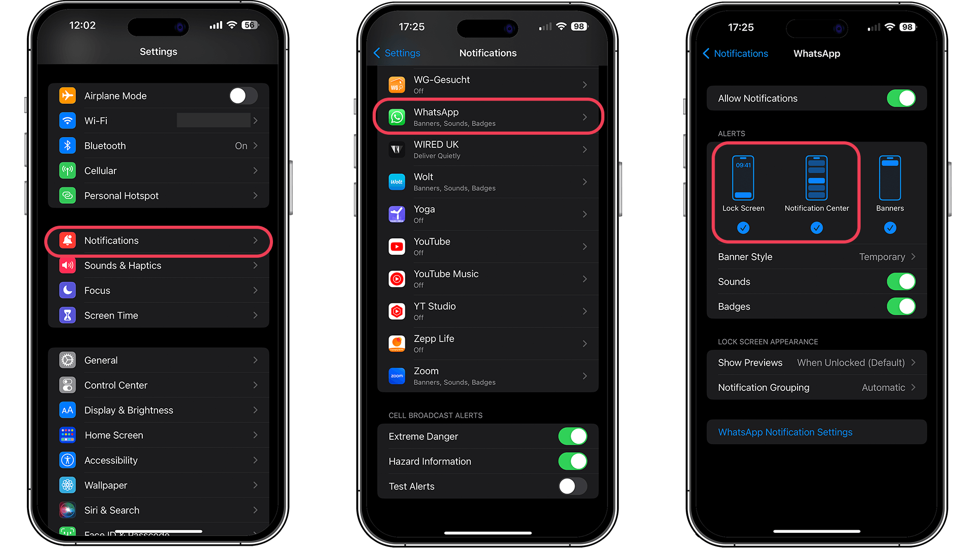 Screenshots of an iPhone showing WhatsApp notification settings.