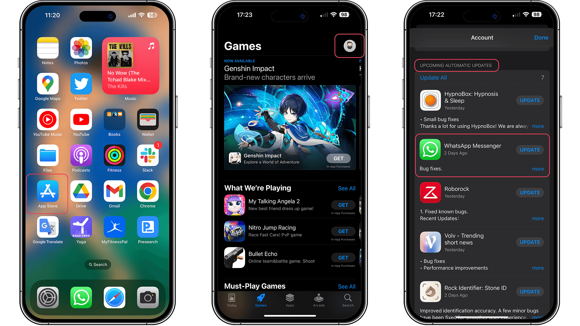 Three iPhones displaying app store, games, and automatic updates sections.