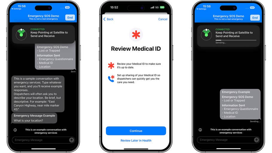 Screenshots on how to use the Emergency SOS via Satellite feature on an iPhone 14 Pro