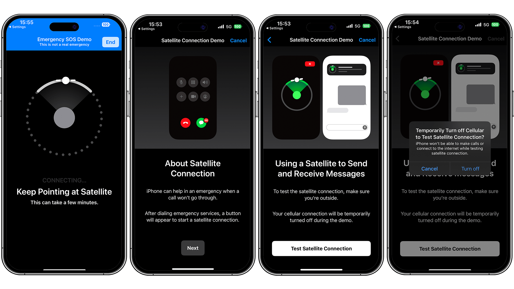Screenshots on how to use the Emergency SOS via Satellite feature on an iPhone 14 Pro
