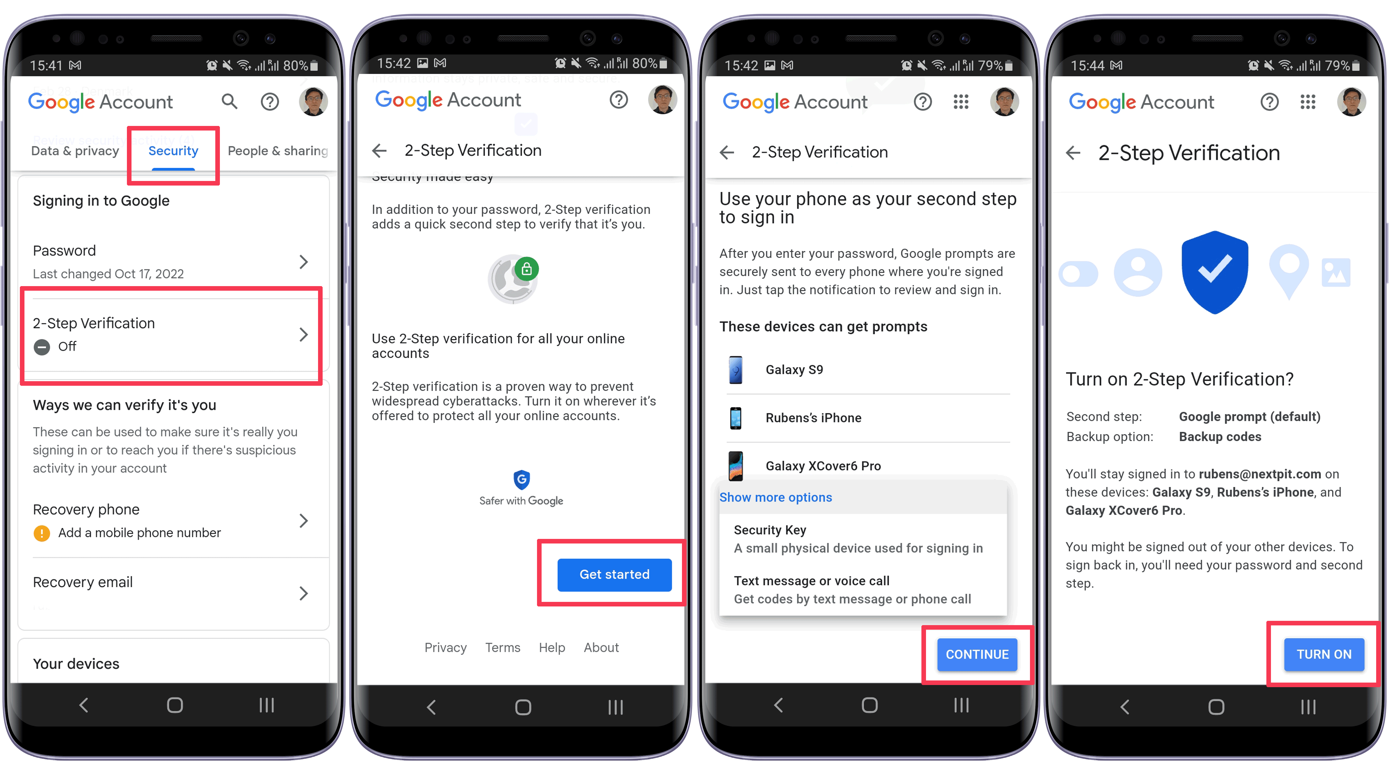 Steps to activate two-factor authentication on a Google account.
