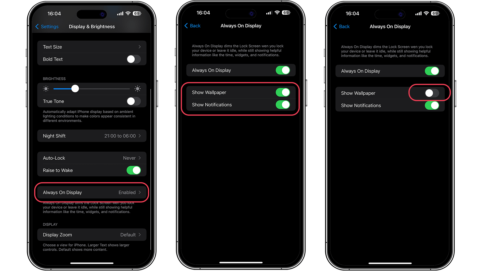 Screenshots showing how to setup Always-On-Display on iOS 16