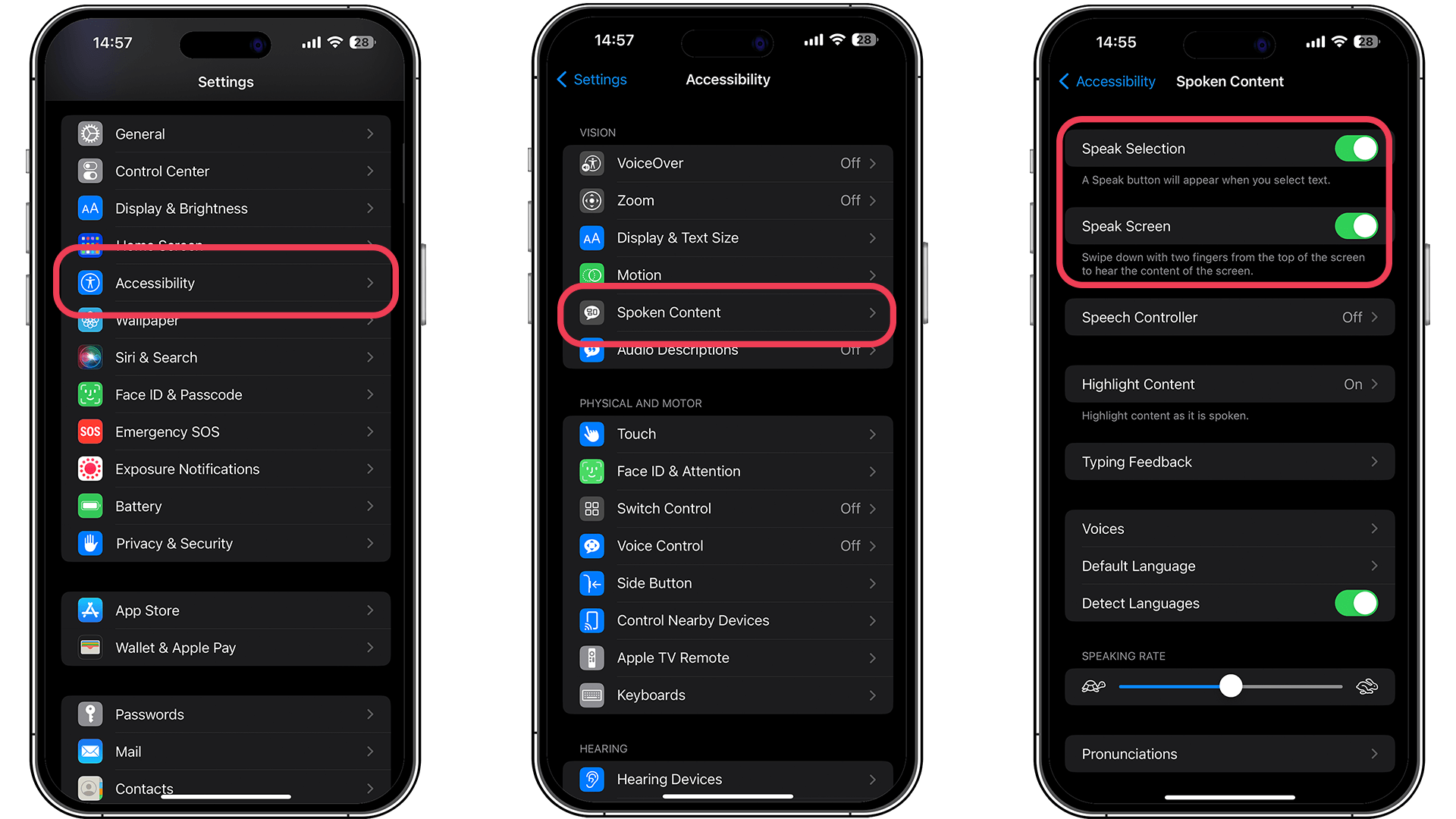Screenshots showing the steps to set up the Spoken Content feature on the iPhone by accessing the Accessibility options.