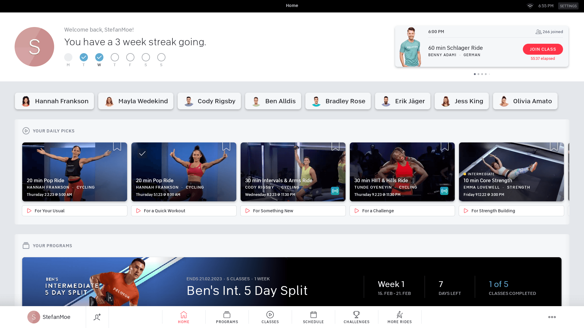 Peloton Bike+ home screen