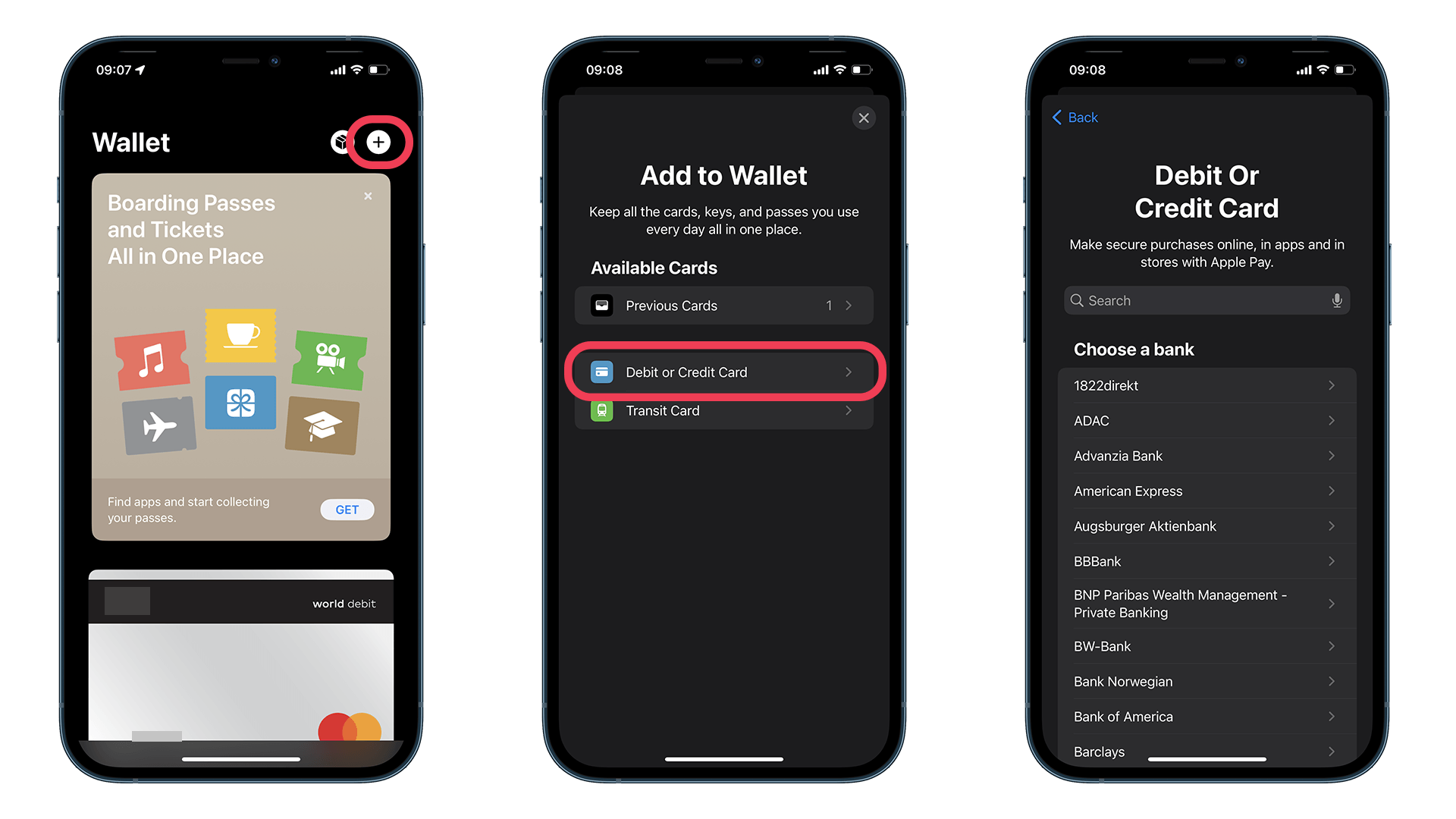 Screenshots showing how to set up Apple Pay on an iPhone