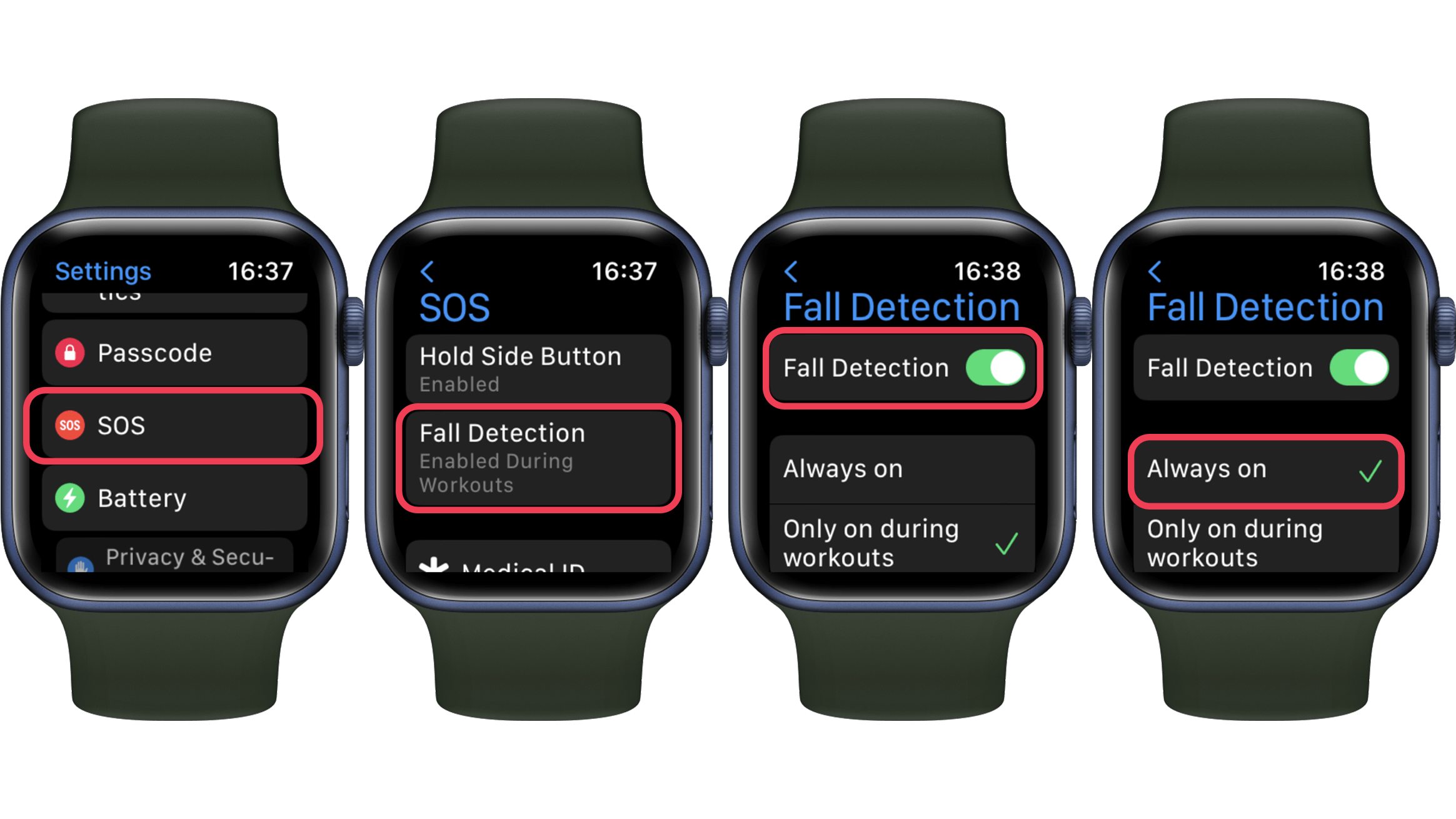 Be sure to turn on the fall detection function on your Apple Watch before you need it Screenshots showing how to turn on fall detection feature on an Apple Watch