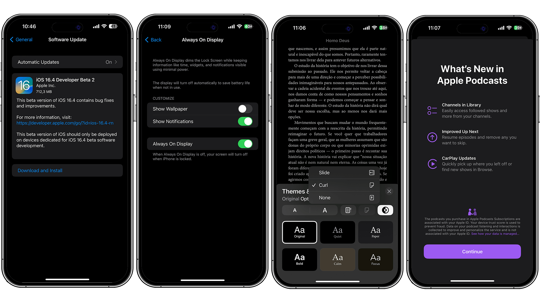 Screenshots displaying the new features of iOS 16.4 beta update: Settings, Apple Books and Apple Podcast