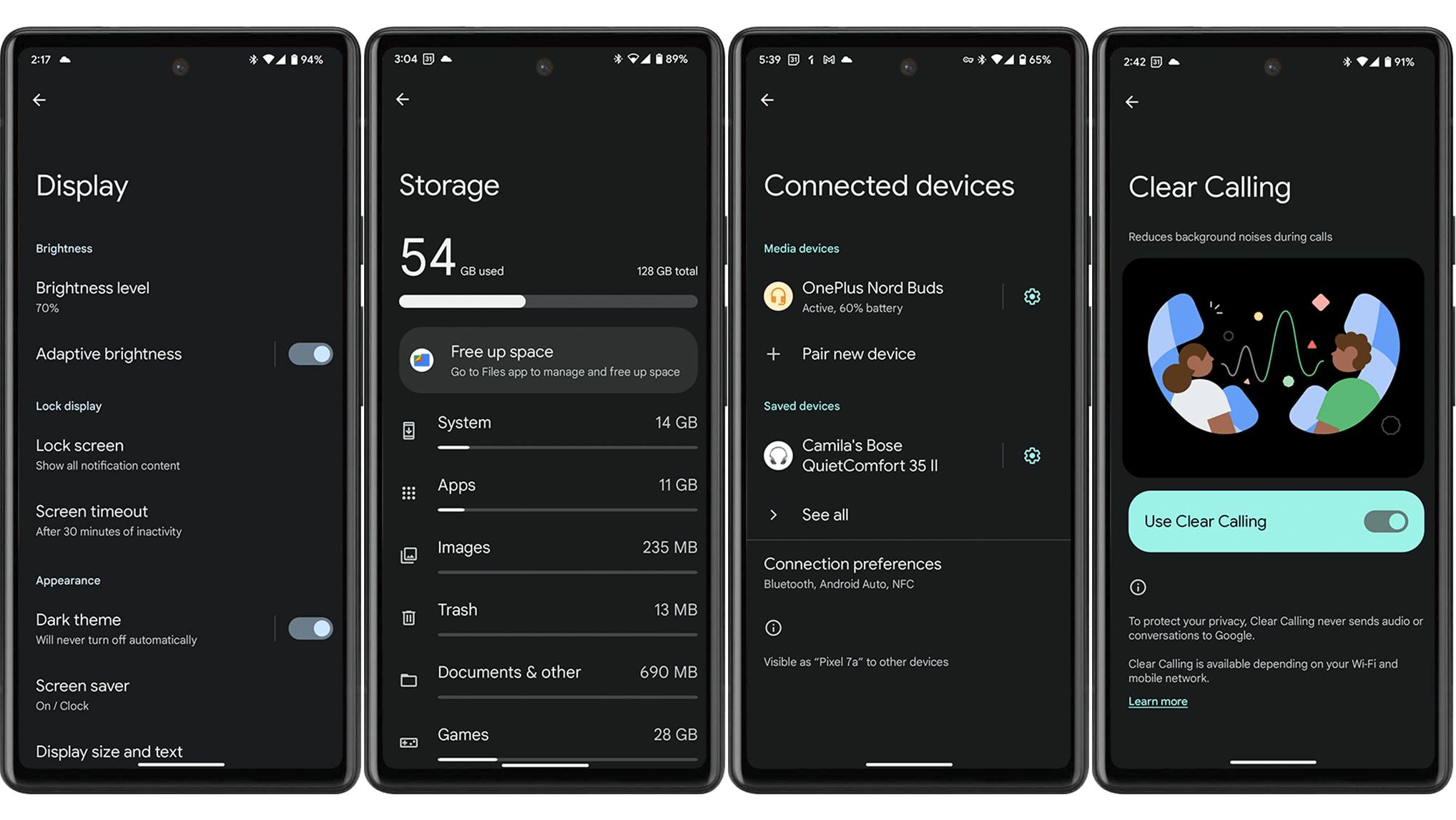 Google Pixel 7a user interface screenshots